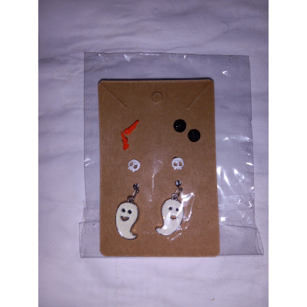 Halloween Earrings Set of 4 Witches Brooms Balls Skulls Dangle Glitter Ghosts